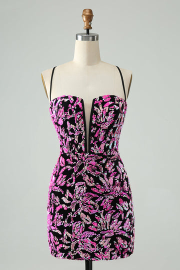 Vestido de cóctel corto con lentejuelas y tirantes finos ajustado fucsia brillante